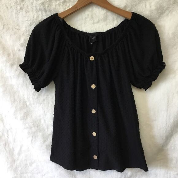 W5 Black Swiss Dot Puff Sleeve Button-Up Top - Picture 1 of 8